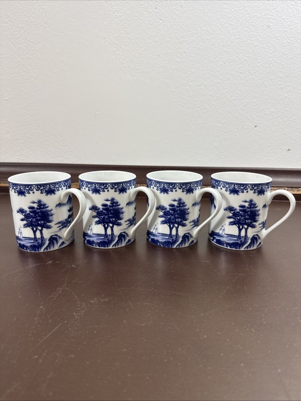 Canton Blue Set of 4 Coffee Cups Classic Asian Mountain Village Pagoda Scene